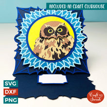 Load image into Gallery viewer, Owl Easel Card SVG | Layered Owl Easel Greetings Card Cutting File