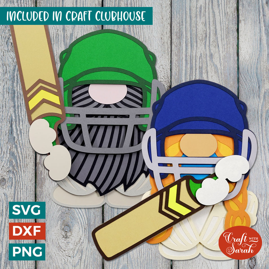 Pair of Cricket Gnome SVGs | Layered Male & Female Sport Gonk Cut Files