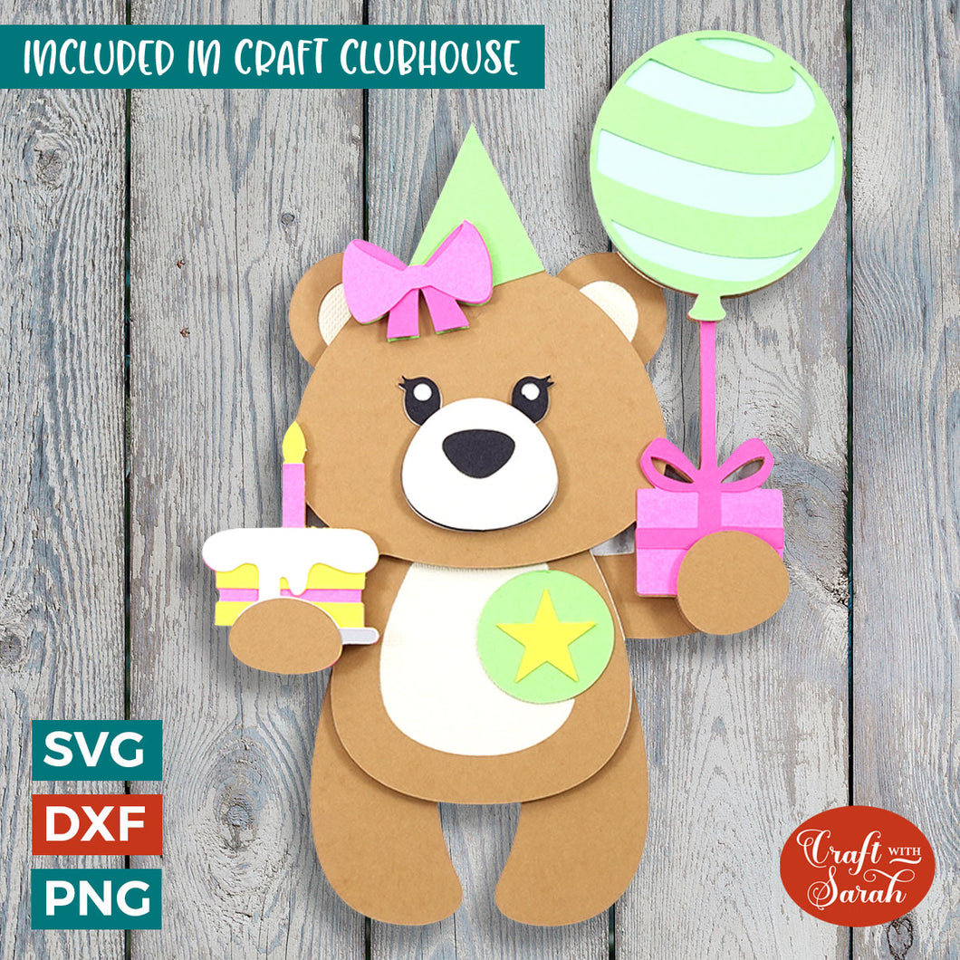 Birthday Teddy SVG | 3D Layered Female Party Teddy Bear Cutting File