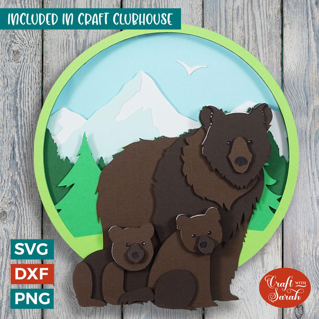 Brown Bear With Cubs SVG | 3D Layered Brown Bear Family Cutting File