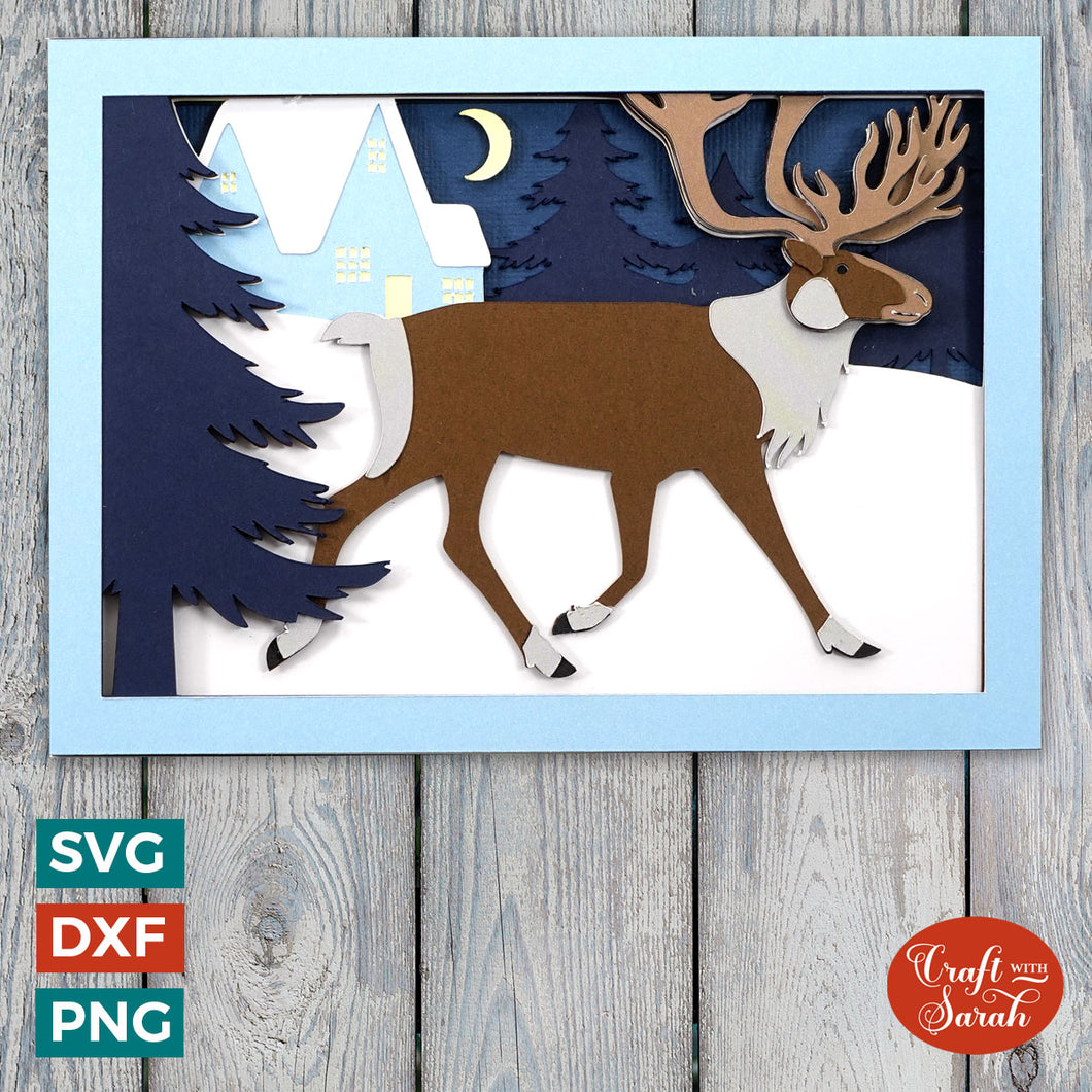 Reindeer in Snow Card SVG | Layered Festive Reindeer Greetings Card Cutting File