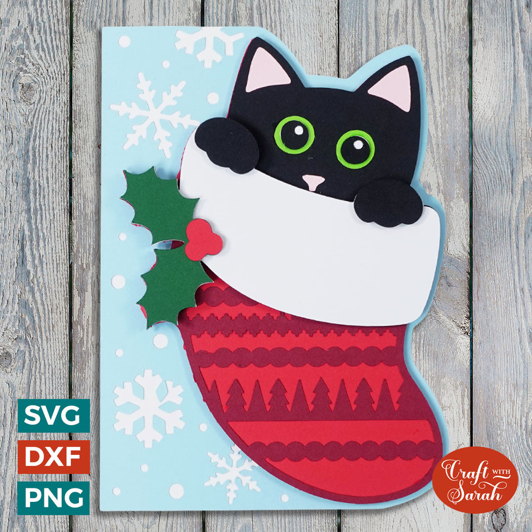 Cat in Stocking Greetings Card SVG | Christmas Side-Edge Card