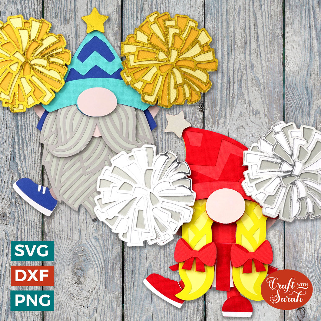 Pair of Cheerleading Gnome SVGs | Layered Cheerleader Gonk Cut Files