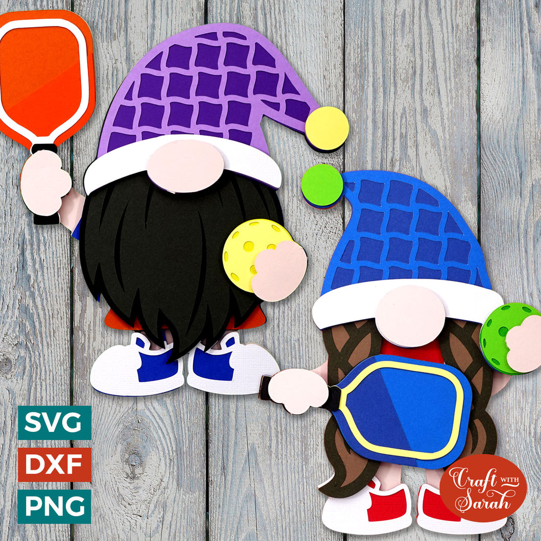 Pair of Pickleball Gnome SVGs | Layered Male & Female Sport Gonk Cut Files