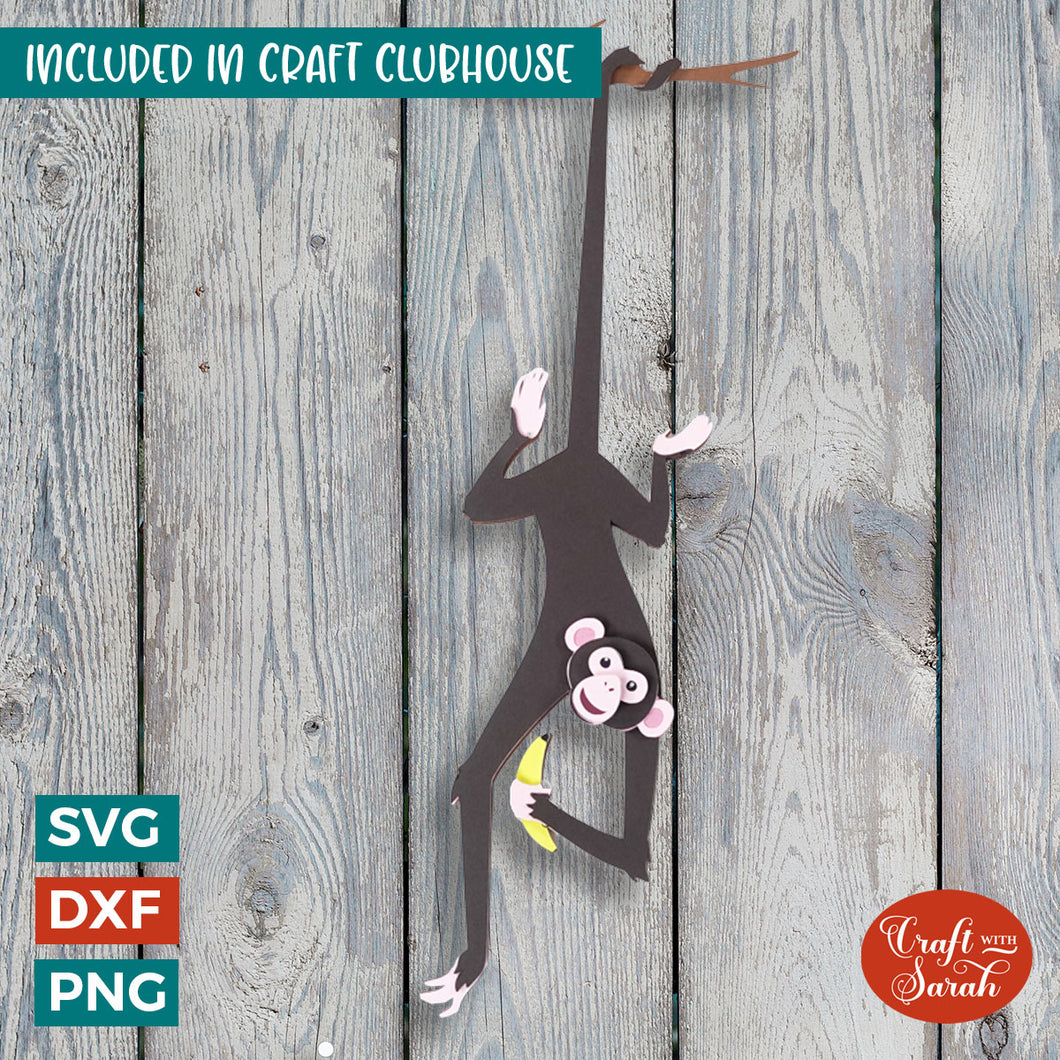 Monkey in Tree SVG | 3D Layered Hanging Monkey Cutting File