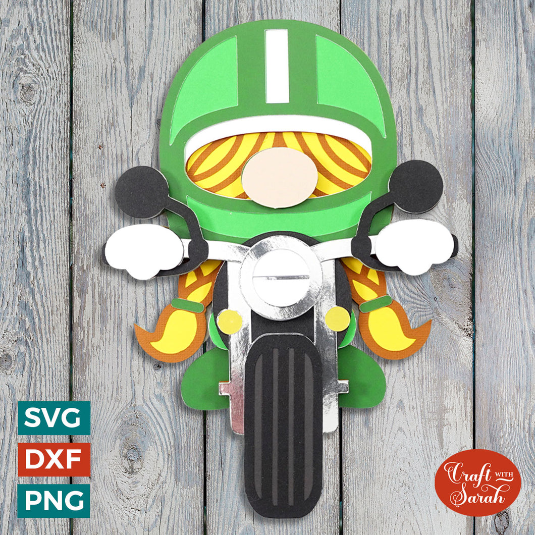 Motorbike Gnome SVG | Layered Female Classic Motorbike Rider Gnome Cut File
