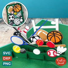 Load image into Gallery viewer, Sports Balls Popout Card SVG | Layered Sports Greetings Card Cut Files
