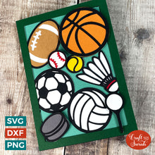 Load image into Gallery viewer, Sports Balls Popout Card SVG | Layered Sports Greetings Card Cut Files
