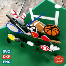 Load image into Gallery viewer, Sports Balls Popout Card SVG | Layered Sports Greetings Card Cut Files
