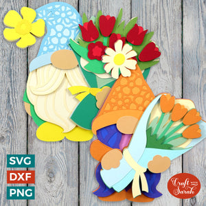 Pair of Floral Gnome SVGs | Layered Gnomes with Bouquets Cutting Files