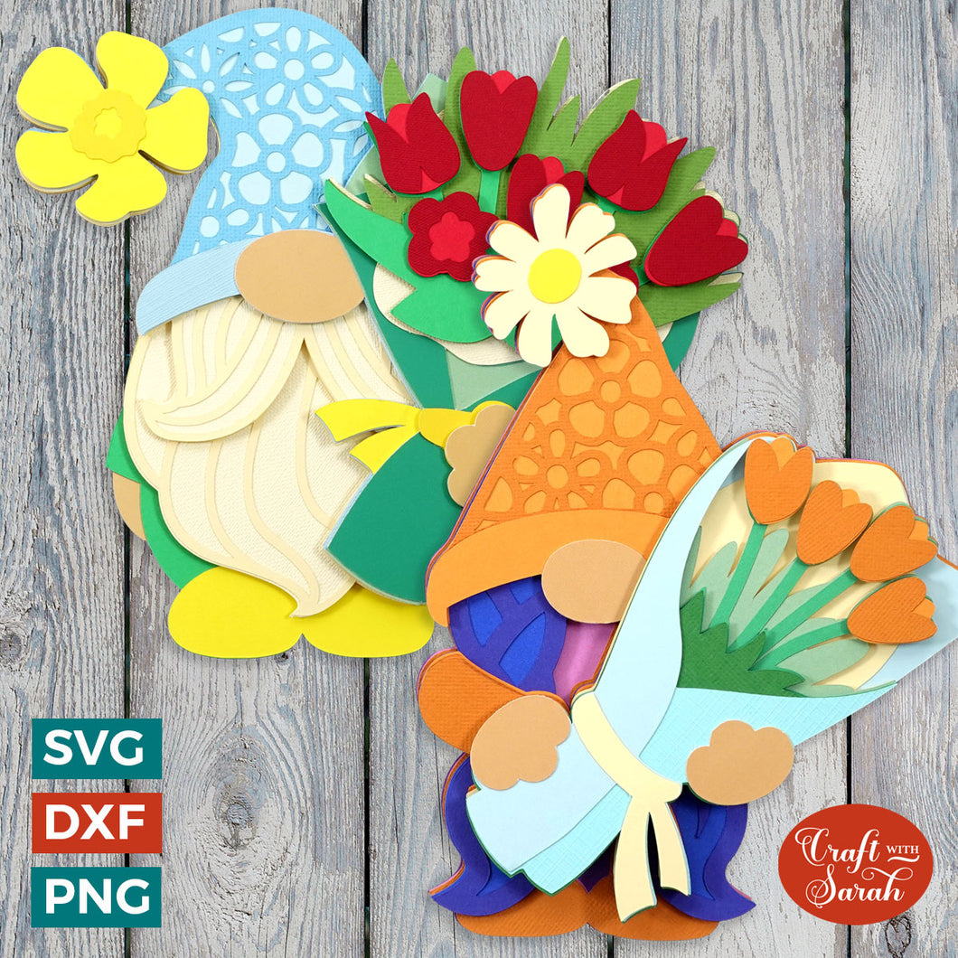 Pair of Floral Gnome SVGs | Layered Gnomes with Bouquets Cutting Files