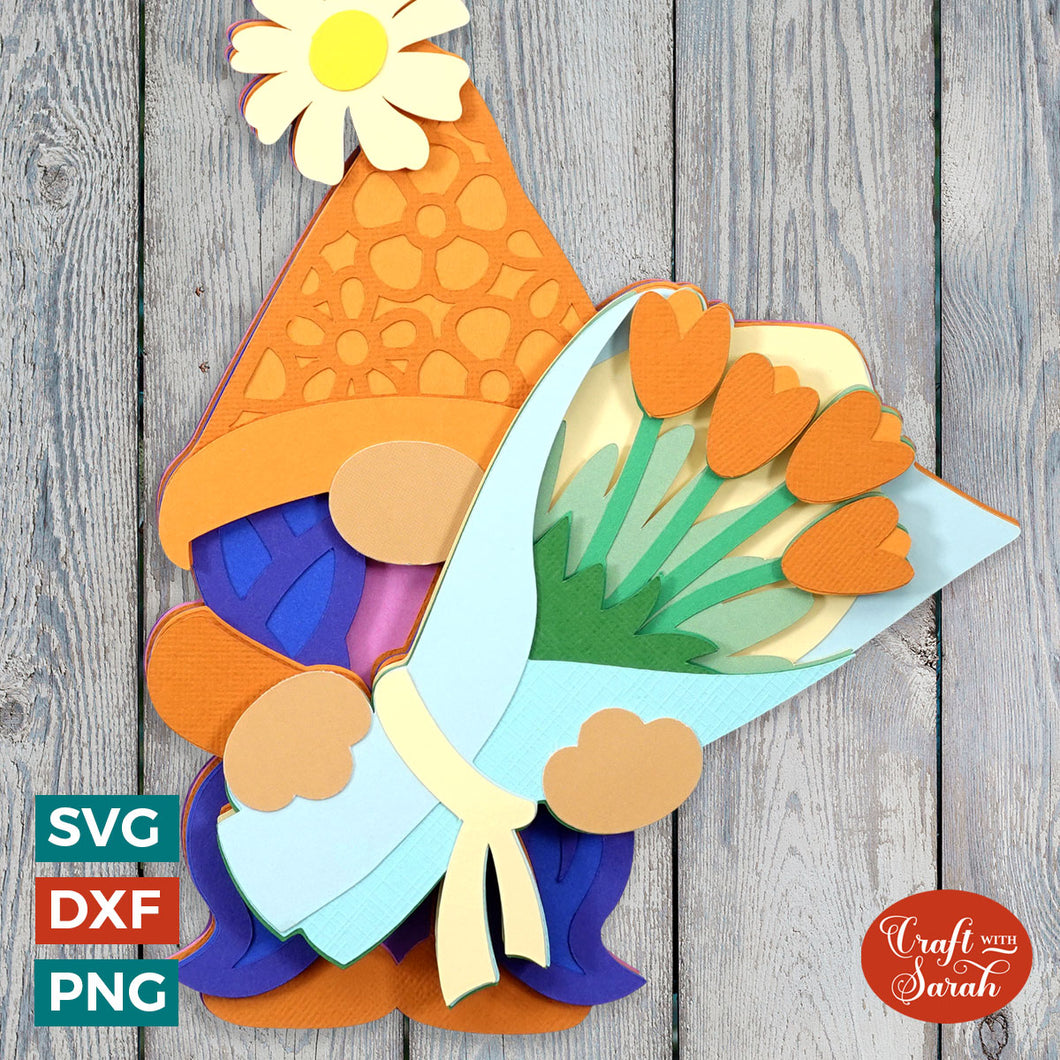 Female Flower Gnome SVG | Layered Female Gnome with Bouquet Cutting Files