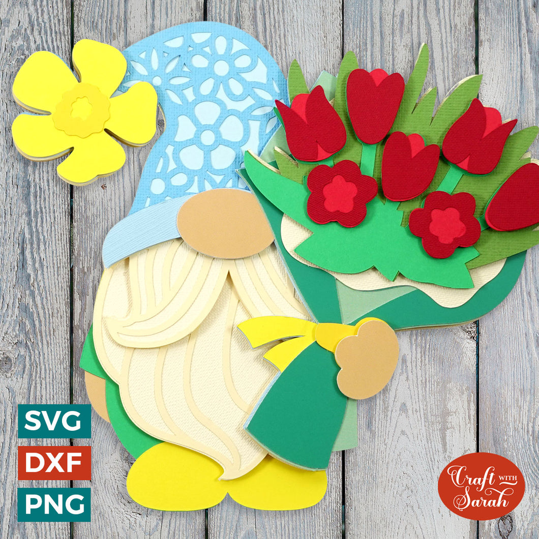 Male Flower Gnome SVG | Layered Male Gnome with Bouquet Cutting Files
