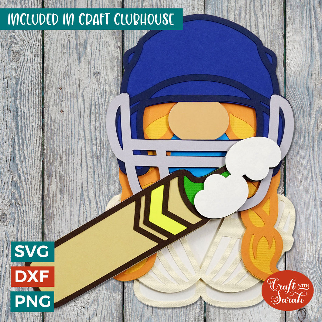 Cricket Gnome SVG | Layered Female Sport Gnome Cutting Files