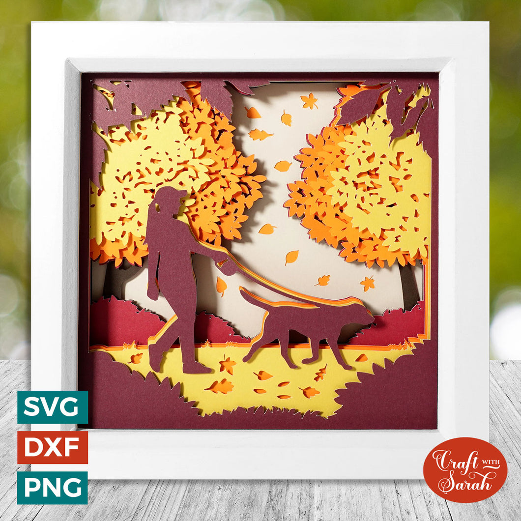 Dog Walker Shadow Box | Autumn Woodland Scene Cutting File